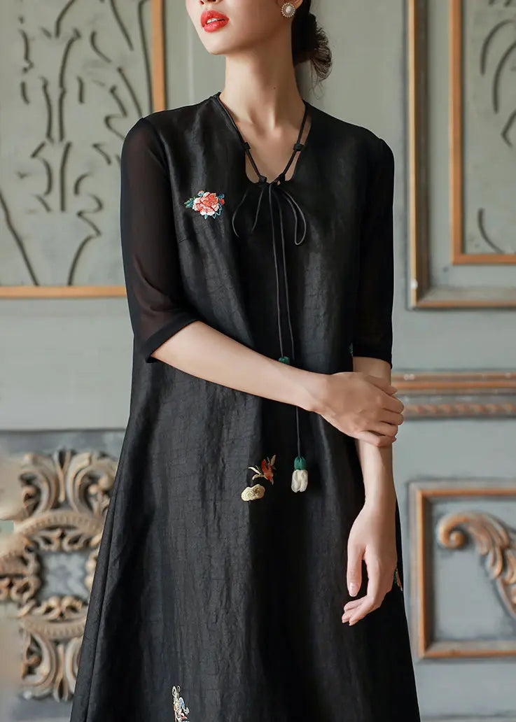 Vintage Black V Neck Embroideried Patchwork Silk Dress Summer Ada Fashion