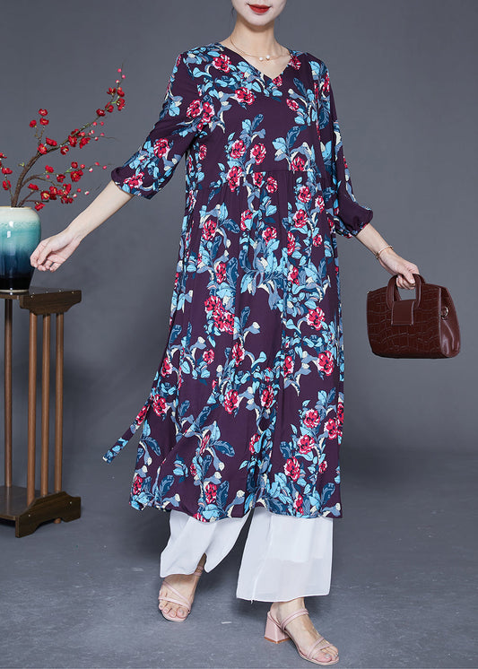 Vintage Black V Neck Floral Print Silk Dress Bracelet Sleeve LY2882 - fabuloryshop