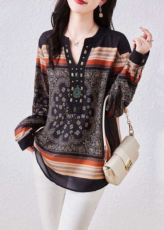 Vintage Black V Neck Print Patchwork Chiffon Blouses Long Sleeve Ada Fashion