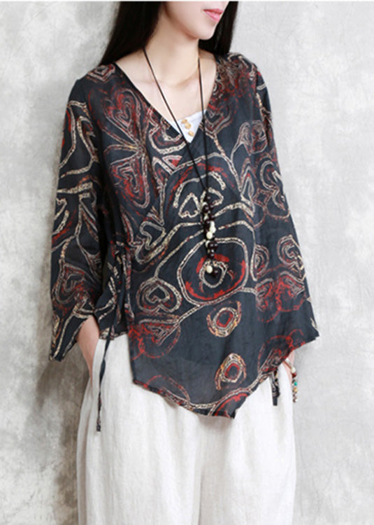 Vintage Black V Neck Print Tie Waist Linen Shirt Long Sleeve LY5119 - fabuloryshop