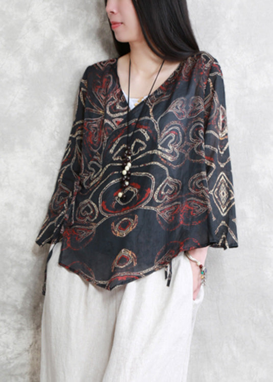 Vintage Black V Neck Print Tie Waist Linen Shirt Long Sleeve LY5119 - fabuloryshop