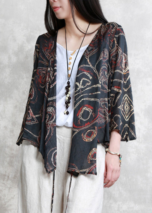 Vintage Black V Neck Print Tie Waist Linen Shirt Long Sleeve LY5119 - fabuloryshop