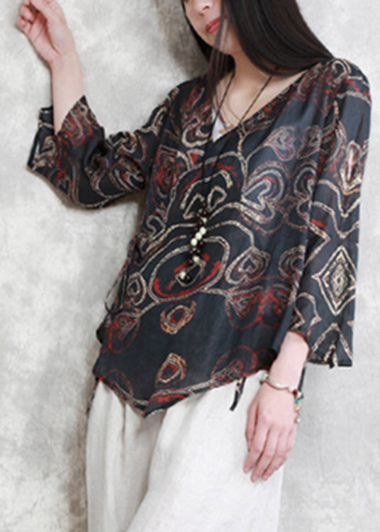 Vintage Black V Neck Print Tie Waist Linen Shirt Long Sleeve LY5119 - fabuloryshop