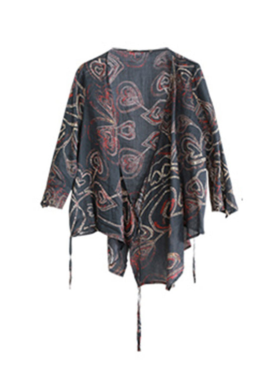 Vintage Black V Neck Print Tie Waist Linen Shirt Long Sleeve LY5119 - fabuloryshop