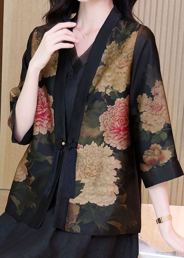 Vintage Black V Neck Tasseled Print Patchwork Silk Jackets Spring LY4556 - fabuloryshop