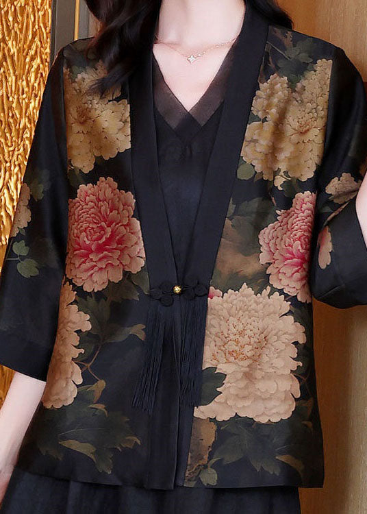 Vintage Black V Neck Tasseled Print Patchwork Silk Jackets Spring LY4556 - fabuloryshop