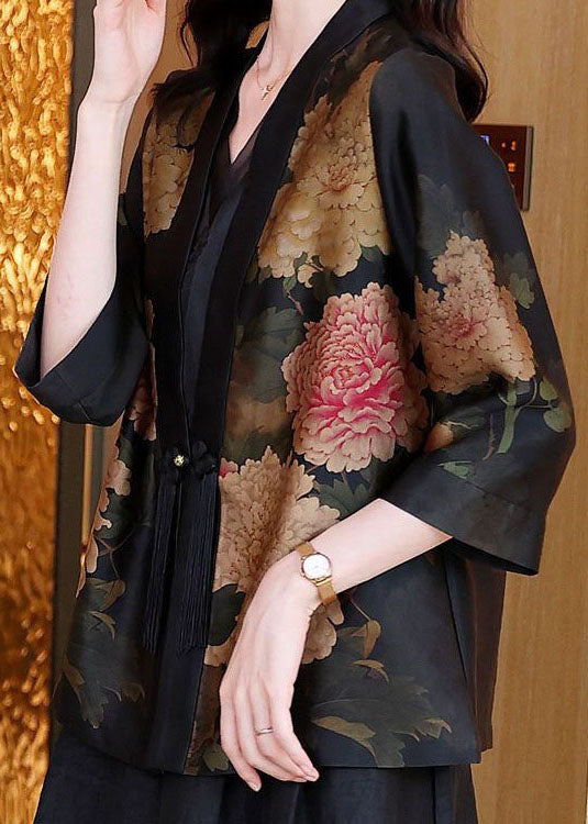 Vintage Black V Neck Tasseled Print Patchwork Silk Jackets Spring LY4556 - fabuloryshop