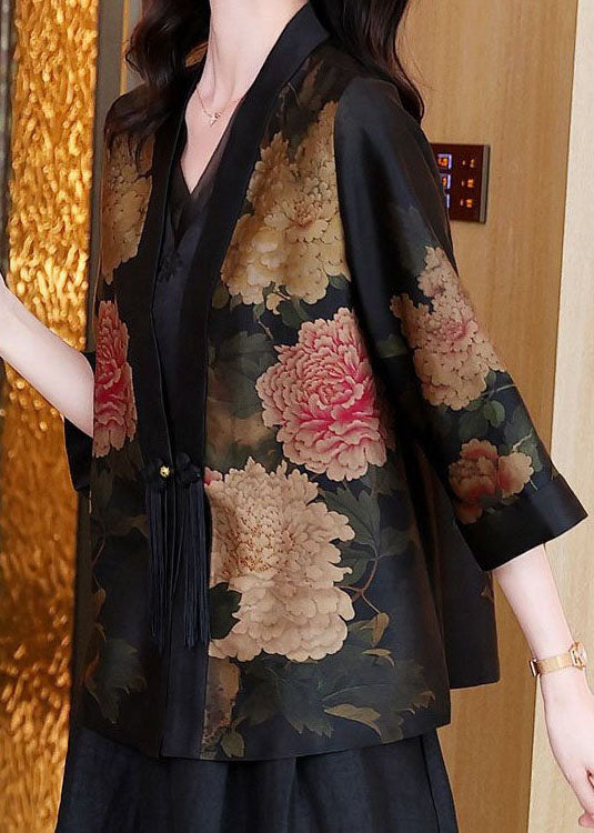 Vintage Black V Neck Tasseled Print Patchwork Silk Jackets Spring LY4556 - fabuloryshop