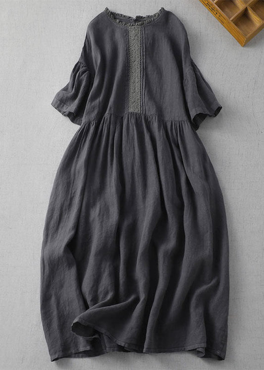 Vintage Black Wrinkled Embroideried Patchwork Linen Dress Summer Ada Fashion