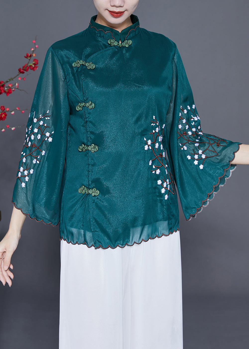 Vintage Blackish Green Mandarin Collar Embroideried Silk Blouses Flare Sleeve LY3664 - fabuloryshop