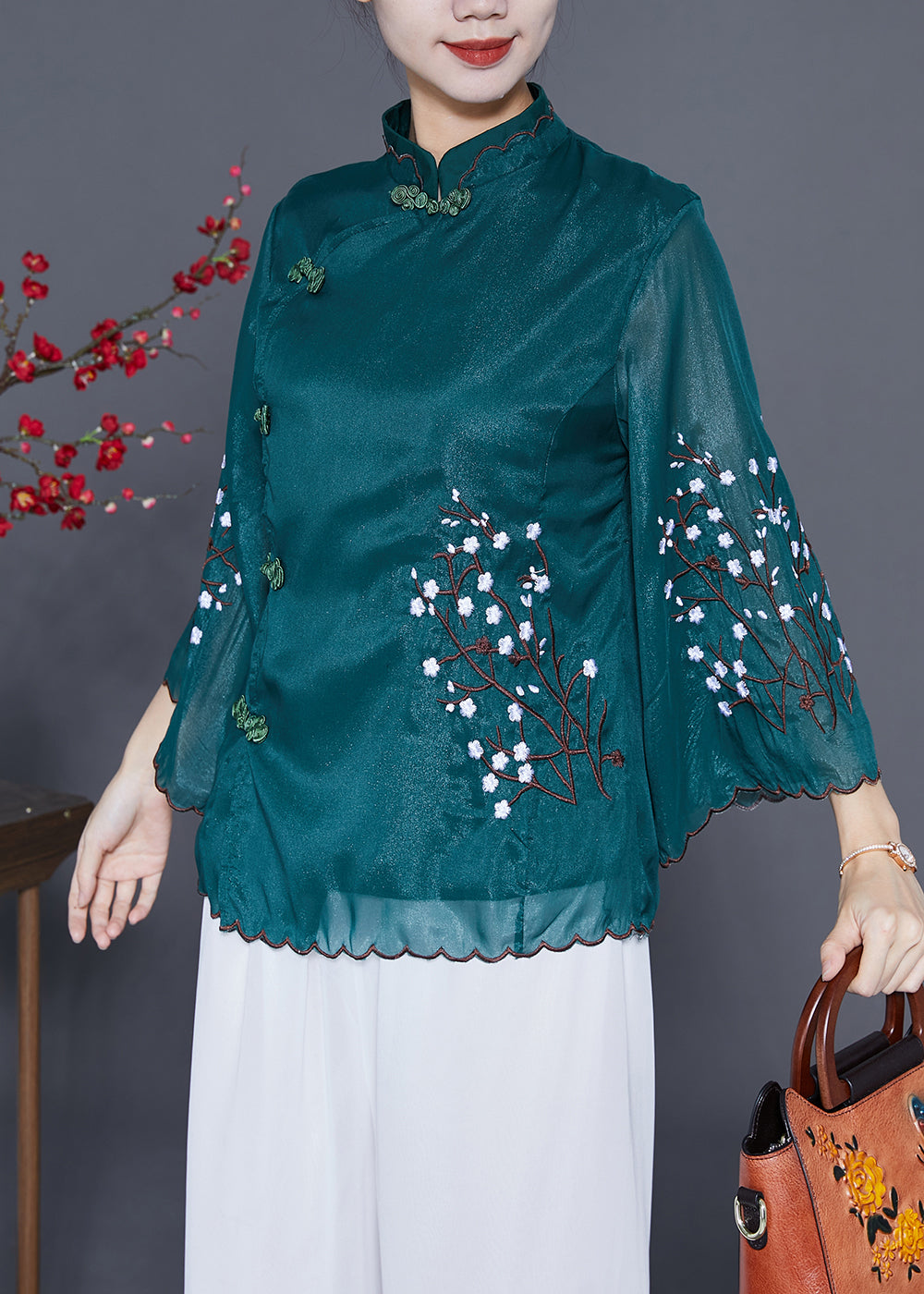 Vintage Blackish Green Mandarin Collar Embroideried Silk Blouses Flare Sleeve LY3664 - fabuloryshop