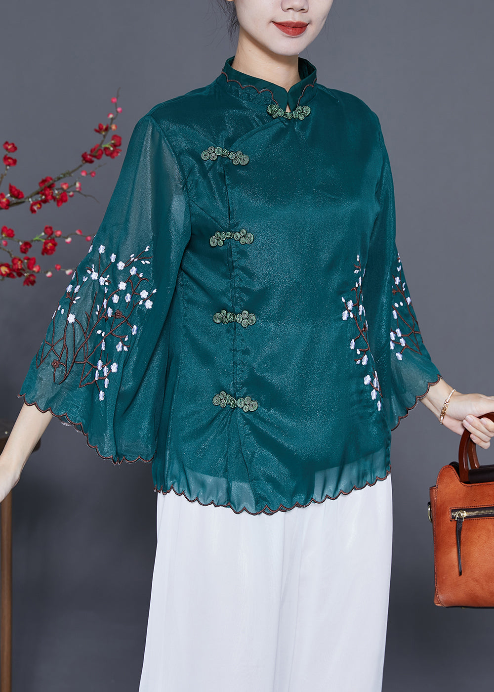 Vintage Blackish Green Mandarin Collar Embroideried Silk Blouses Flare Sleeve LY3664 - fabuloryshop