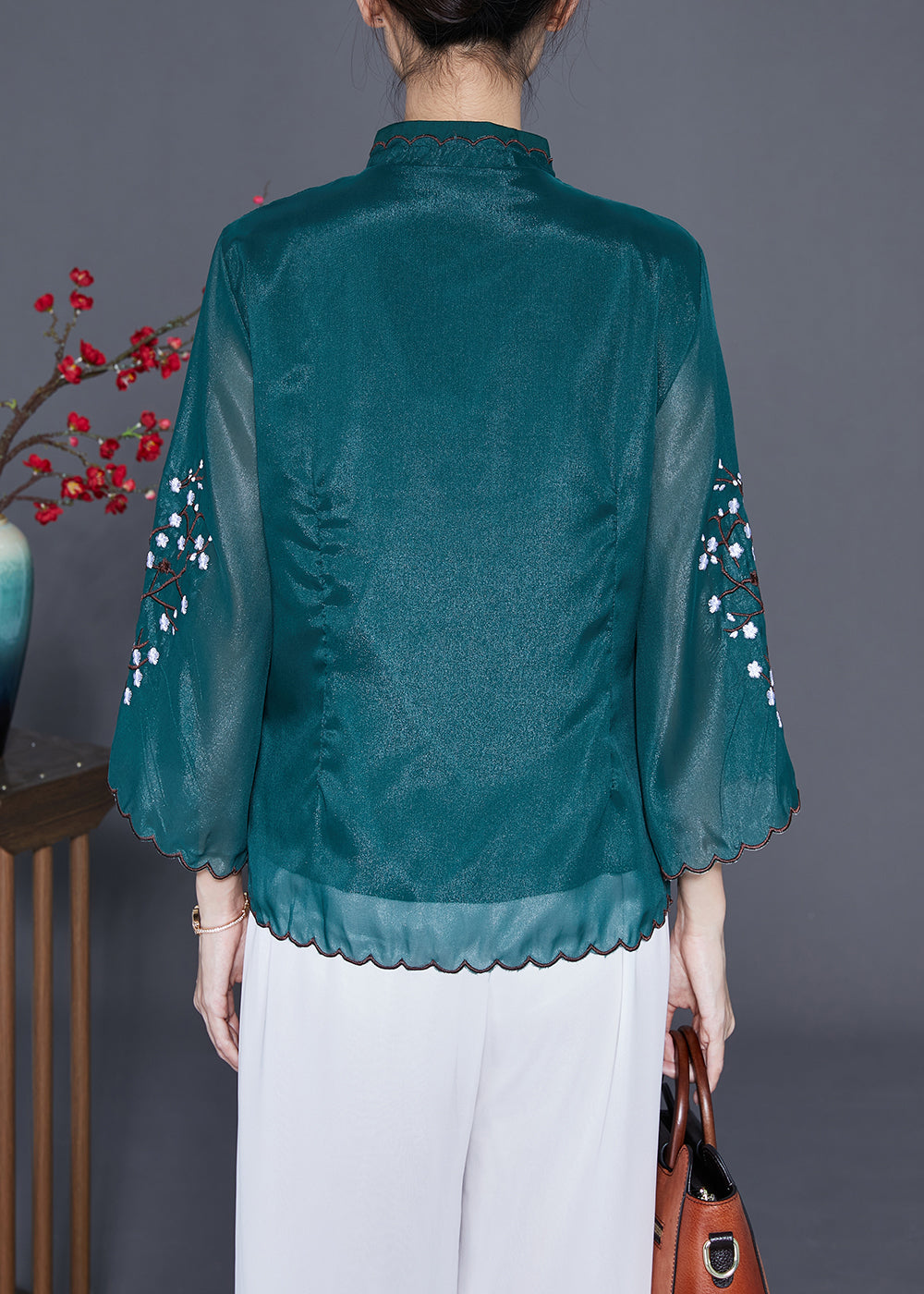 Vintage Blackish Green Mandarin Collar Embroideried Silk Blouses Flare Sleeve LY3664 - fabuloryshop