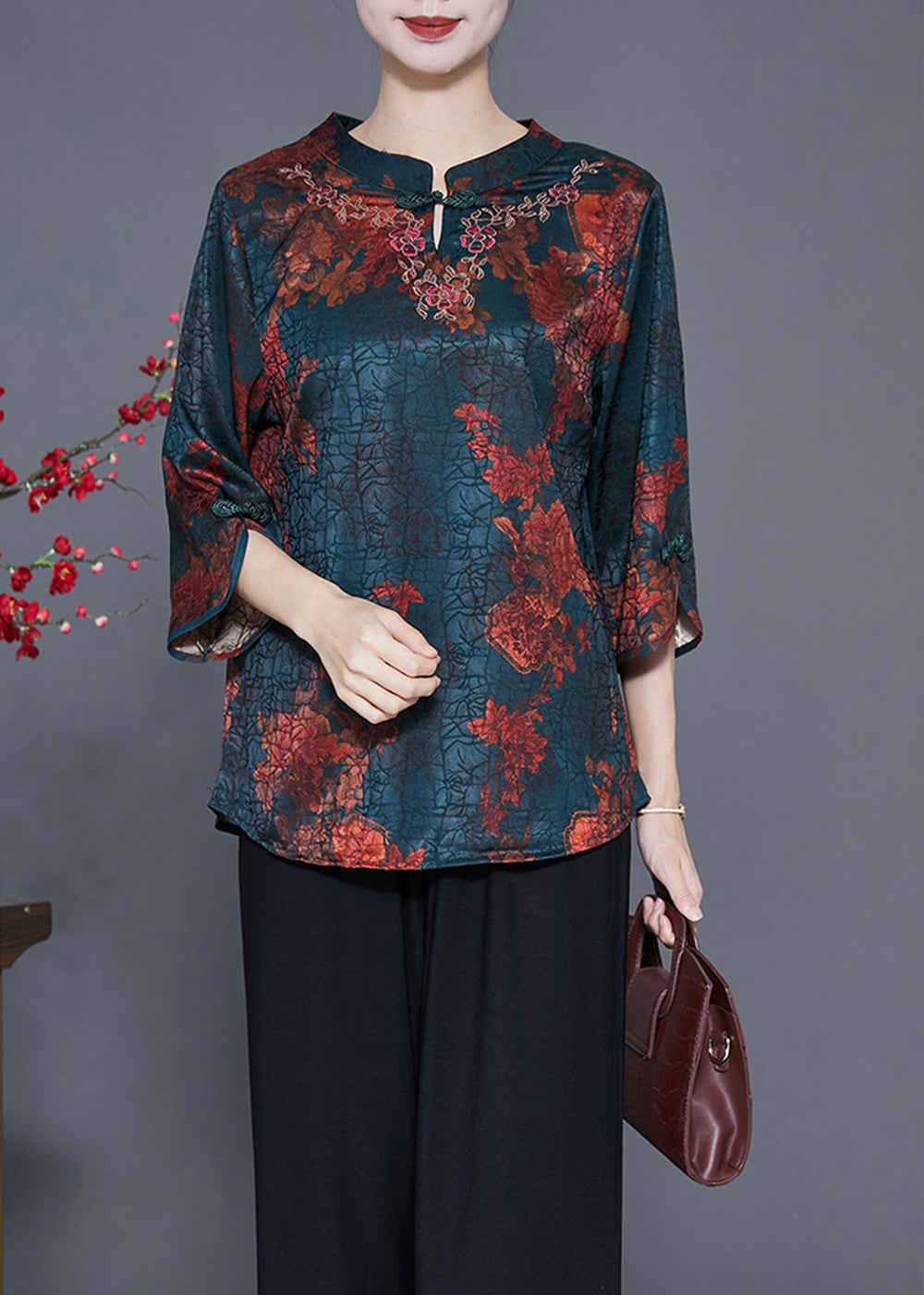 Vintage Blackish Green Print Craquelure Silk Shirt Tops Bracelet Sleeve LY3625 - fabuloryshop