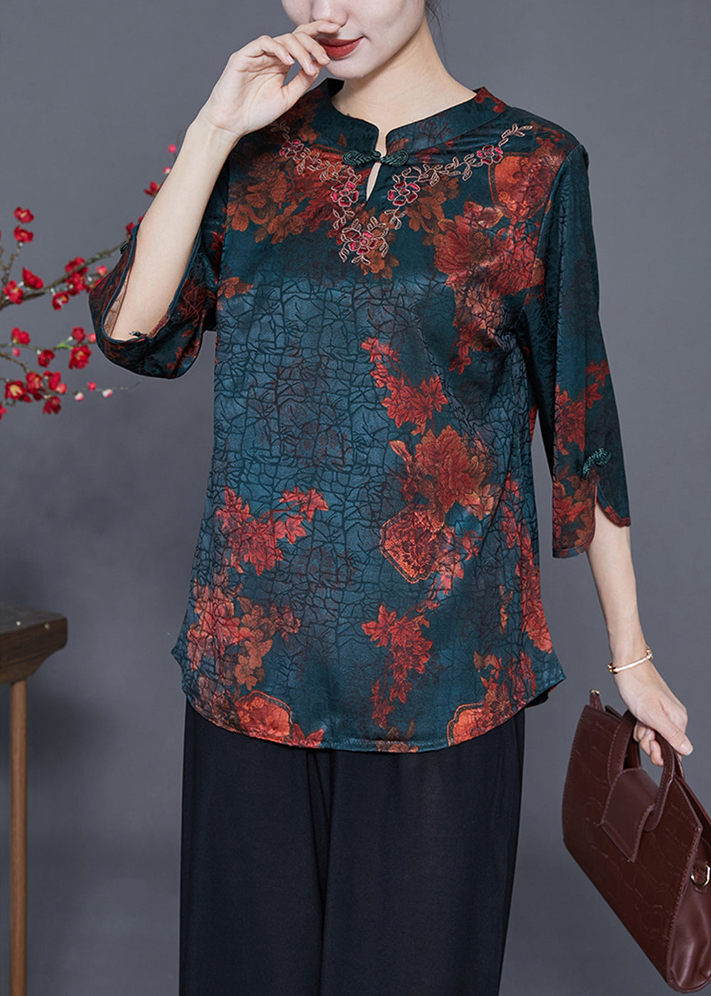Vintage Blackish Green Print Craquelure Silk Shirt Tops Bracelet Sleeve LY3625 - fabuloryshop