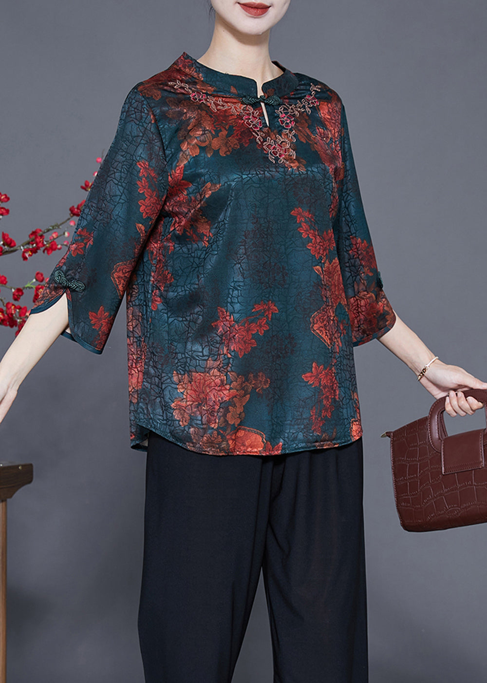 Vintage Blackish Green Print Craquelure Silk Shirt Tops Bracelet Sleeve LY3625 - fabuloryshop