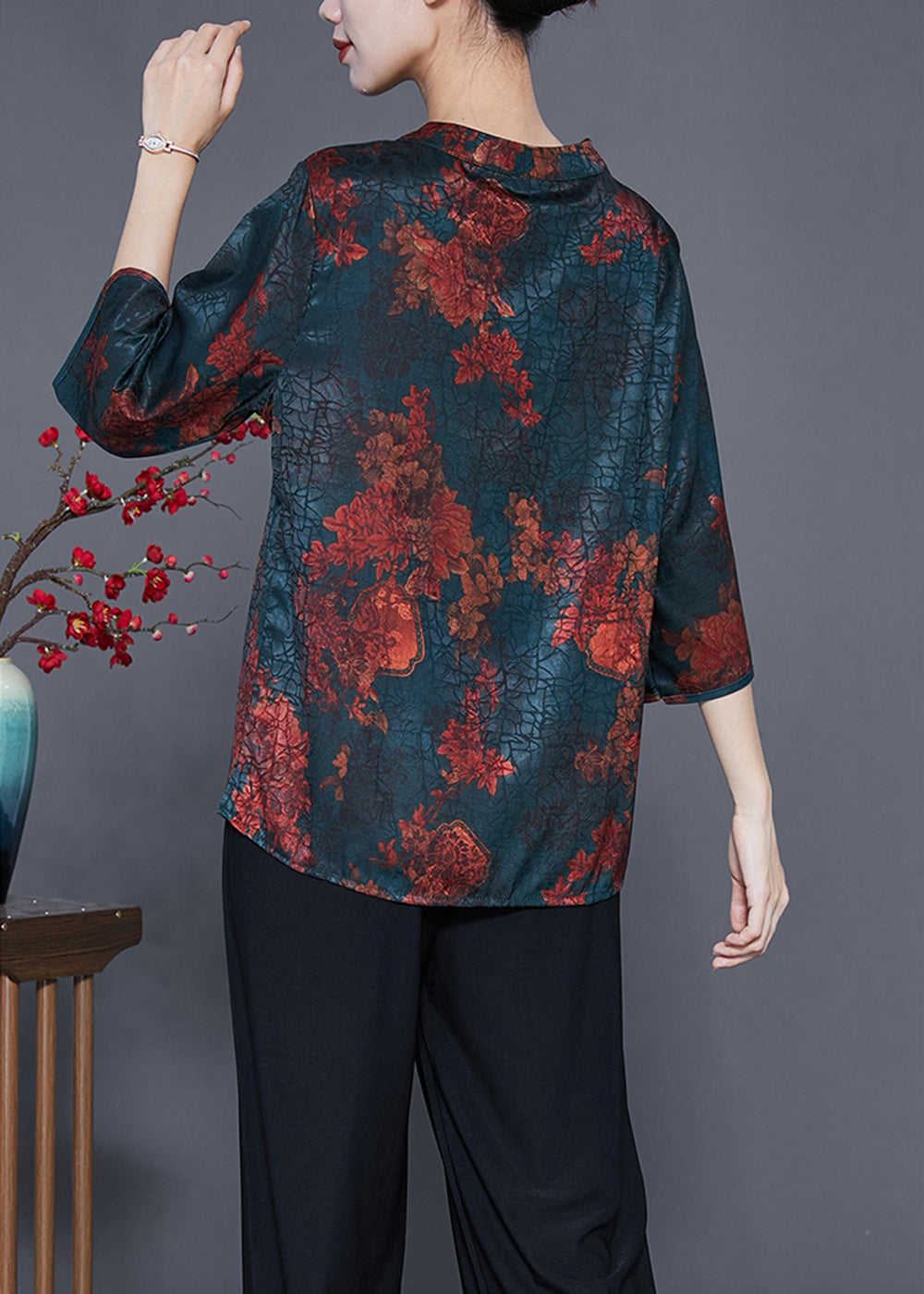 Vintage Blackish Green Print Craquelure Silk Shirt Tops Bracelet Sleeve LY3625 - fabuloryshop