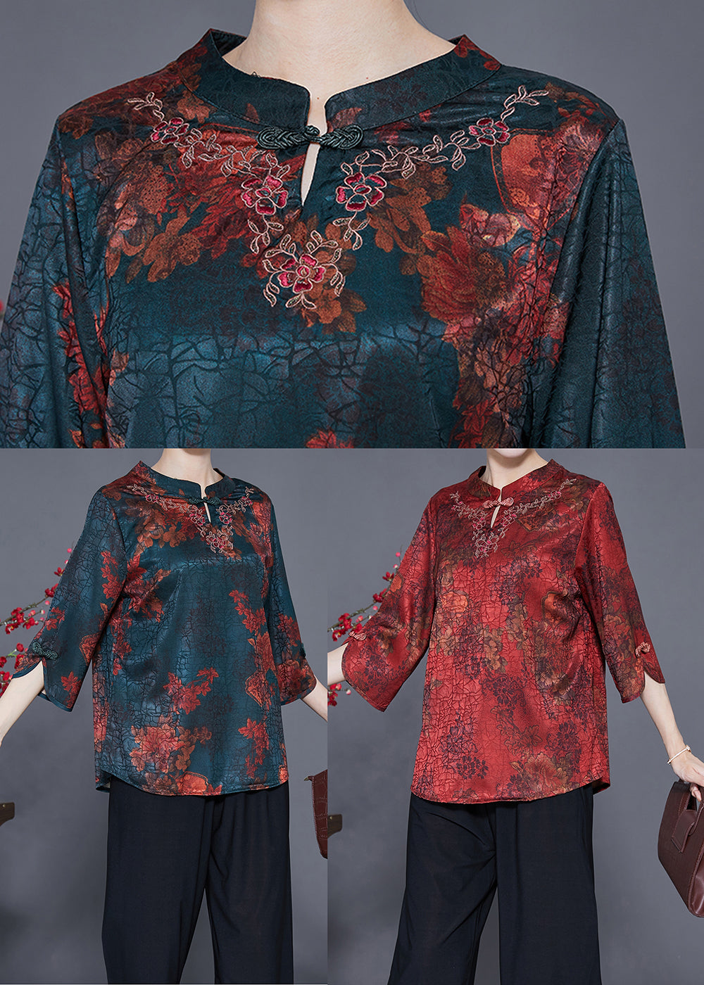 Vintage Blackish Green Print Craquelure Silk Shirt Tops Bracelet Sleeve LY3625 - fabuloryshop