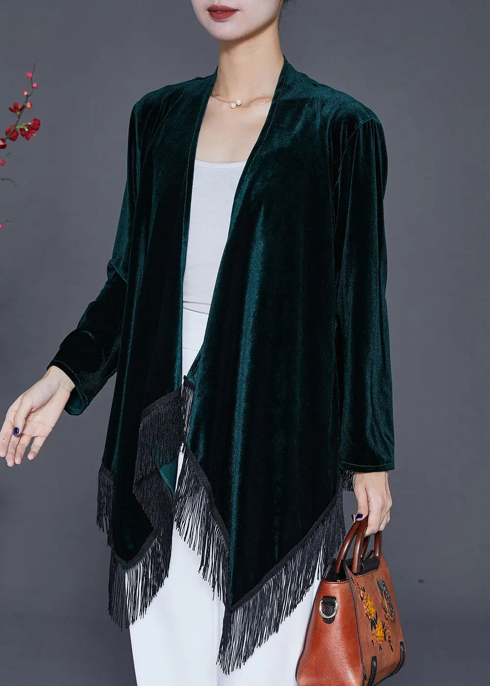 Vintage Blackish Green Tasseled Patchwork Silk Velour Cardigan Fall Ada Fashion