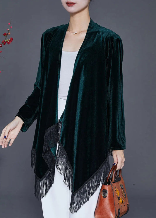 Vintage Blackish Green Tasseled Patchwork Silk Velour Cardigan Fall Ada Fashion
