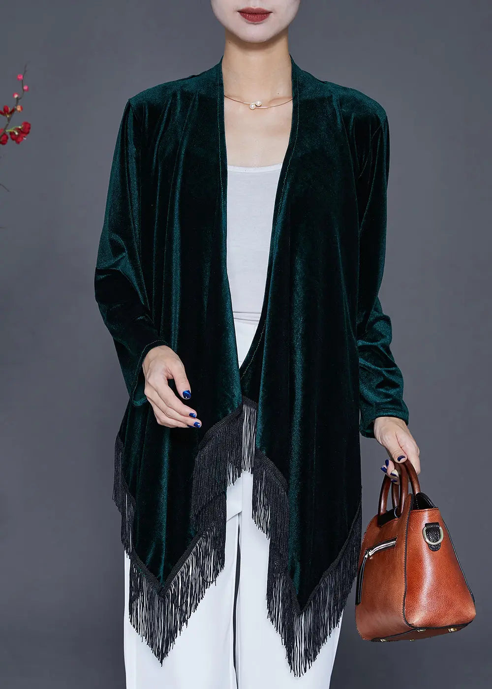 Vintage Blackish Green Tasseled Patchwork Silk Velour Cardigan Fall Ada Fashion