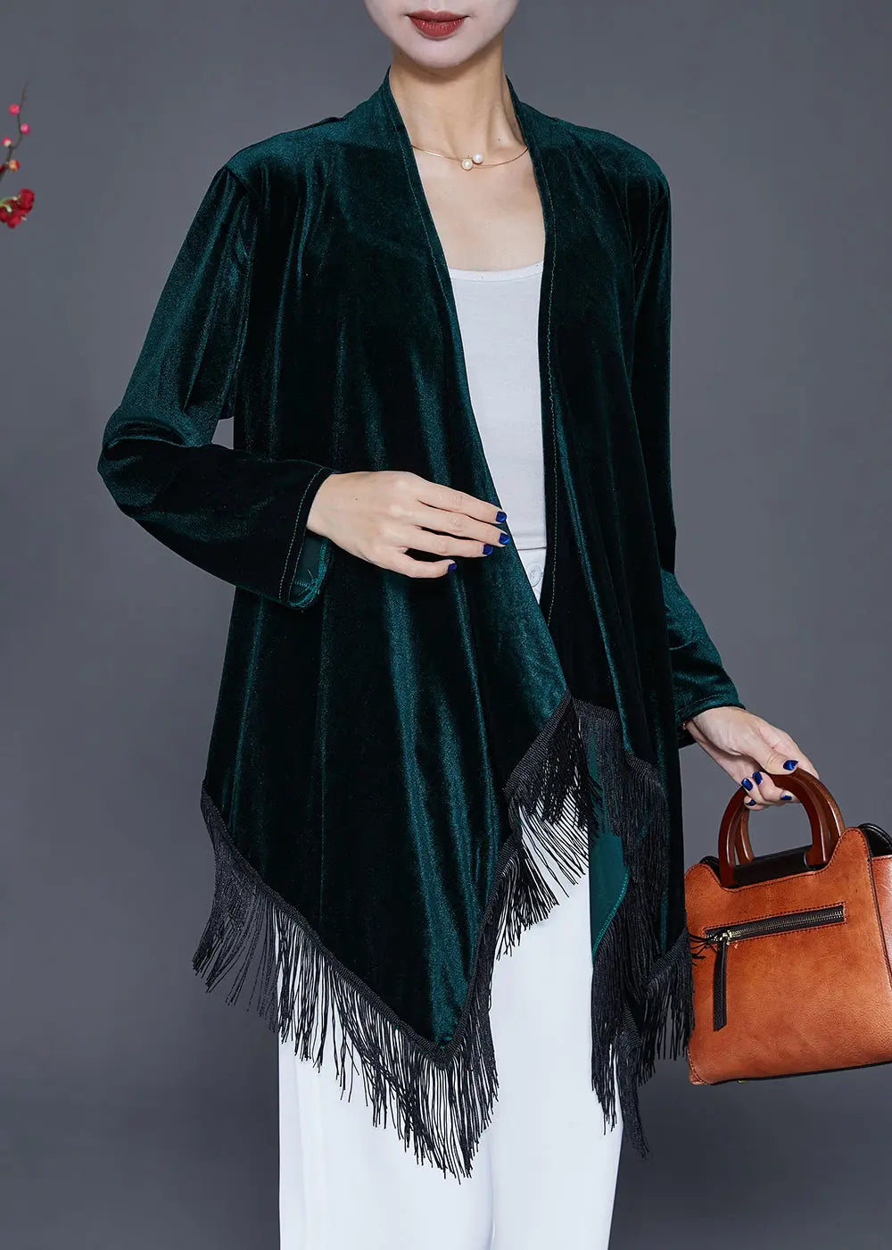 Vintage Blackish Green Tasseled Patchwork Silk Velour Cardigan Fall Ada Fashion