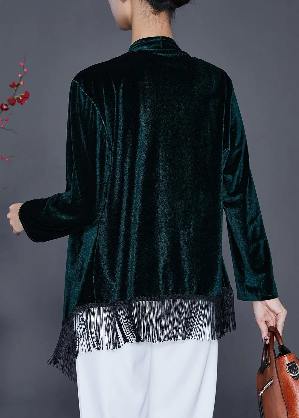 Vintage Blackish Green Tasseled Patchwork Silk Velour Cardigan Fall Ada Fashion