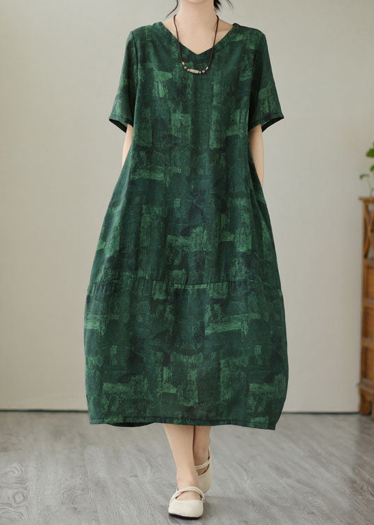 Vintage Blackish Green V Neck Print Patchwork Cotton Dress Summer LY3992 - fabuloryshop