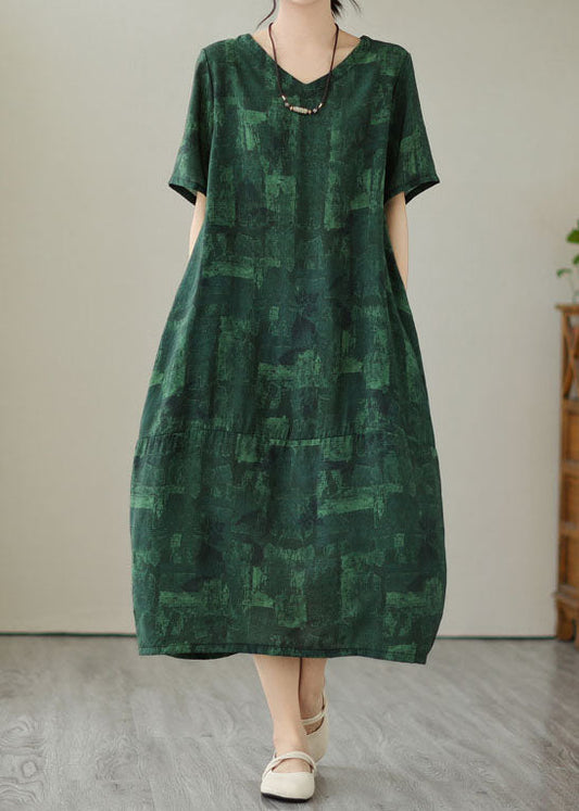 Vintage Blackish Green V Neck Print Patchwork Cotton Dress Summer LY3992 - fabuloryshop