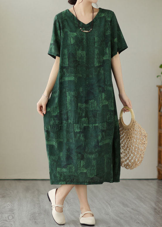 Vintage Blackish Green V Neck Print Patchwork Cotton Dress Summer LY3992 - fabuloryshop