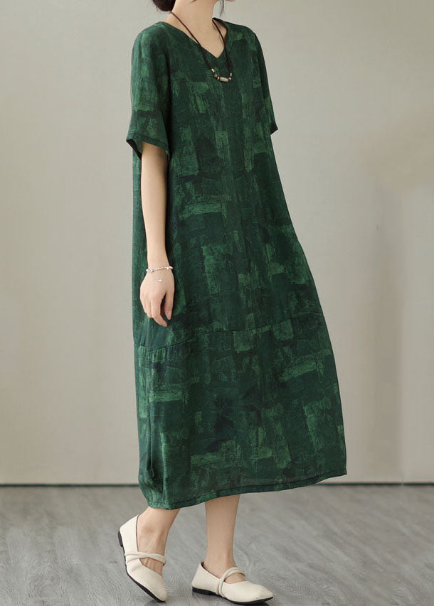 Vintage Blackish Green V Neck Print Patchwork Cotton Dress Summer LY3992 - fabuloryshop