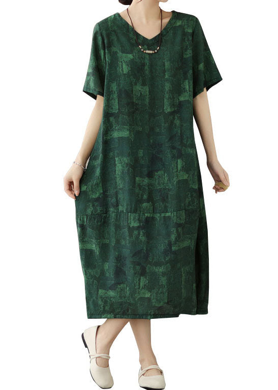 Vintage Blackish Green V Neck Print Patchwork Cotton Dress Summer LY3992 - fabuloryshop