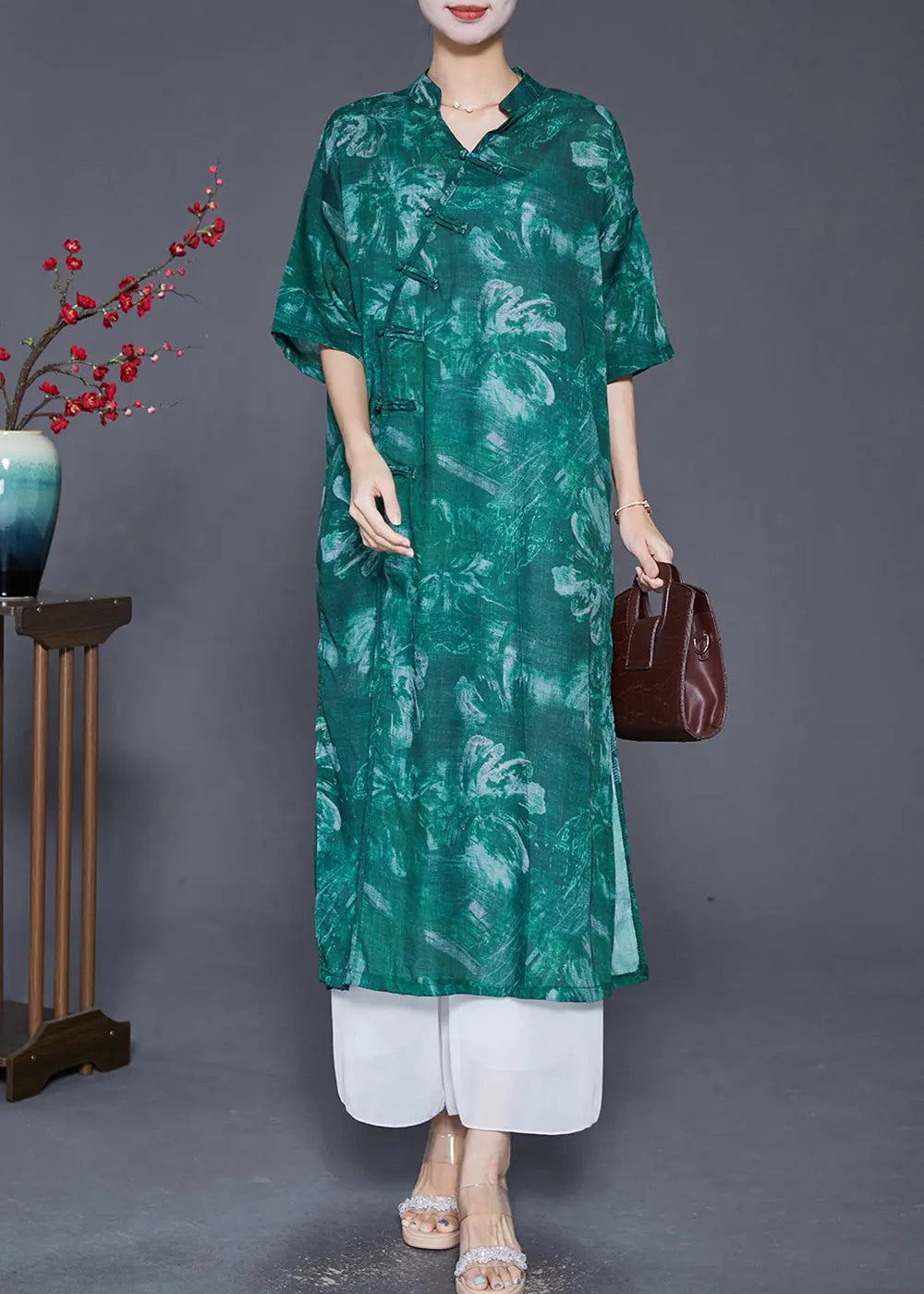 Vintage Blackish Green V Neck Tie Dye Linen Gown Dresses Half Sleeve Ada Fashion