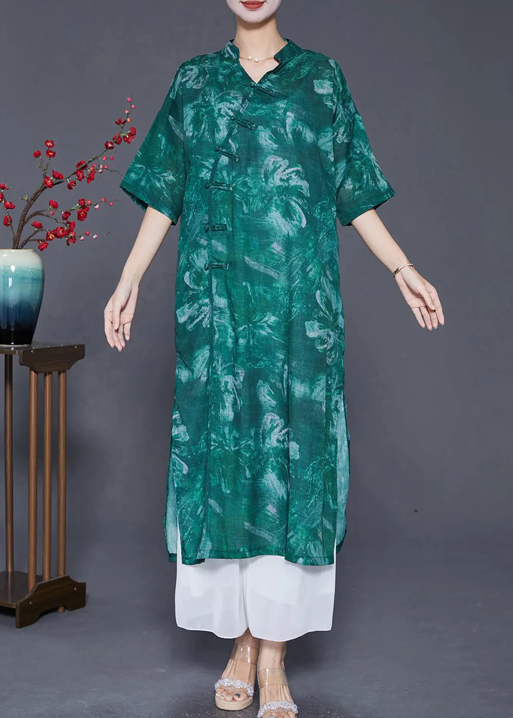 Vintage Blackish Green V Neck Tie Dye Linen Gown Dresses Half Sleeve Ada Fashion