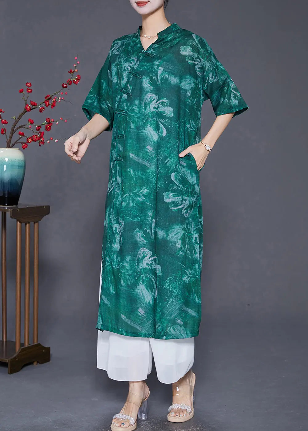 Vintage Blackish Green V Neck Tie Dye Linen Gown Dresses Half Sleeve Ada Fashion