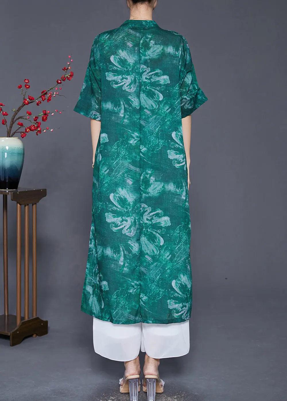 Vintage Blackish Green V Neck Tie Dye Linen Gown Dresses Half Sleeve Ada Fashion