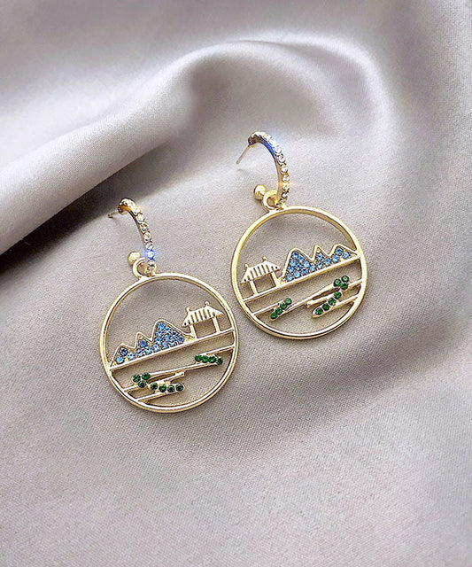 Vintage Blue Alloy Zircon Landscape Drop Earrings Ada Fashion