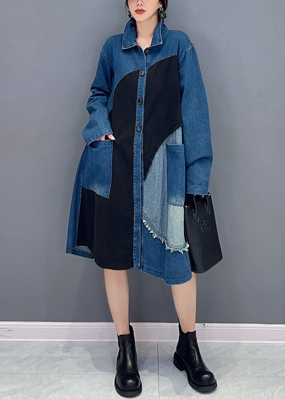 Vintage Blue Asymmetrical Button Pockets Denim Blouses Fall Ada Fashion