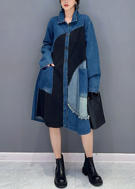 Vintage Blue Asymmetrical Button Pockets Denim Blouses Fall Ada Fashion