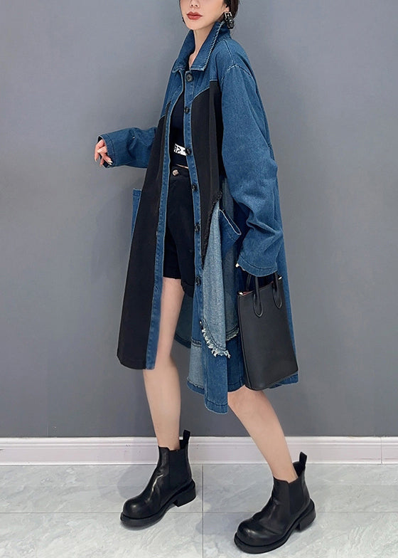 Vintage Blue Asymmetrical Button Pockets Denim Blouses Fall Ada Fashion