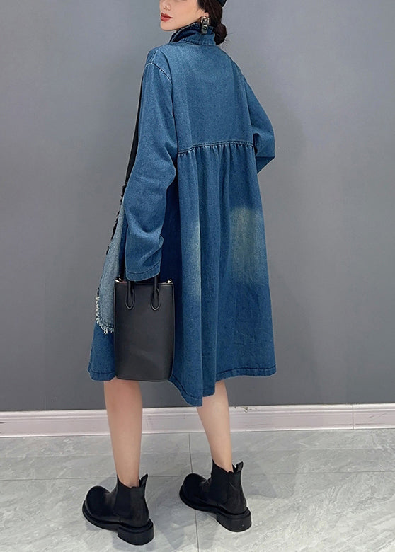 Vintage Blue Asymmetrical Button Pockets Denim Blouses Fall Ada Fashion