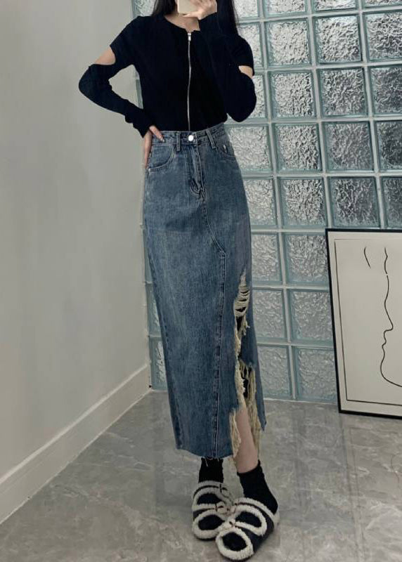Vintage Blue Asymmetrical Pockets Patchwork High Waist A Line Skirt TY1060