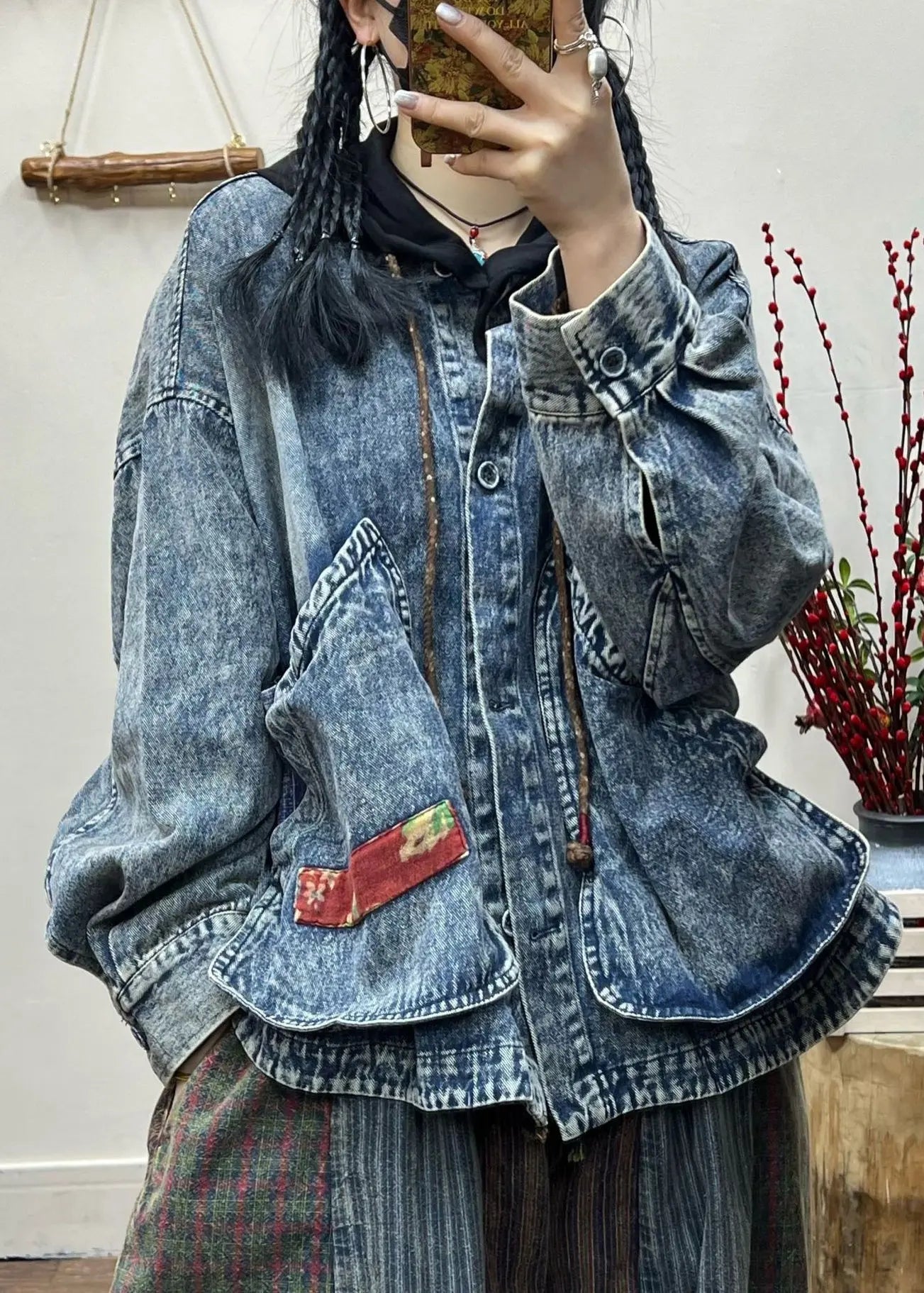Vintage Blue Button Pockets Patchwork Denim Coat Fall Ada Fashion