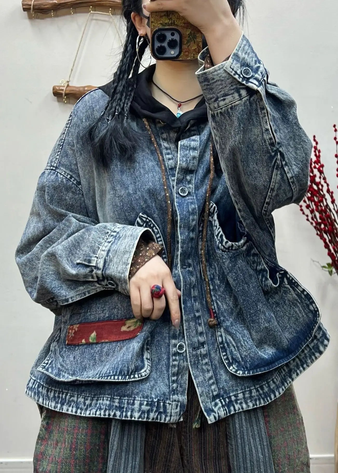 Vintage Blue Button Pockets Patchwork Denim Coat Fall Ada Fashion