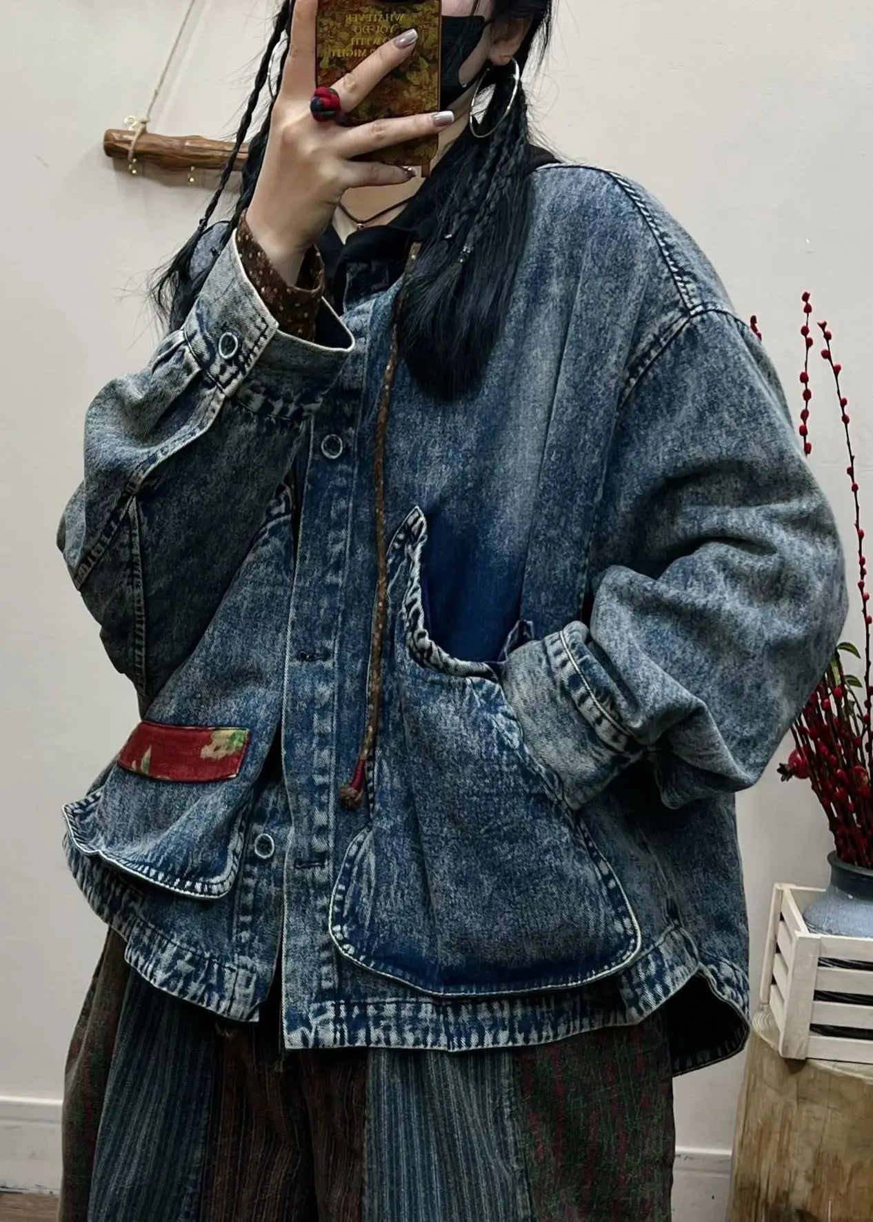 Vintage Blue Button Pockets Patchwork Denim Coat Fall Ada Fashion