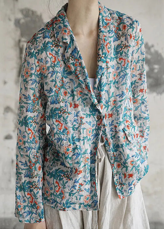 Vintage Blue Button Print Patchwork Cotton Coats Fall Ada Fashion