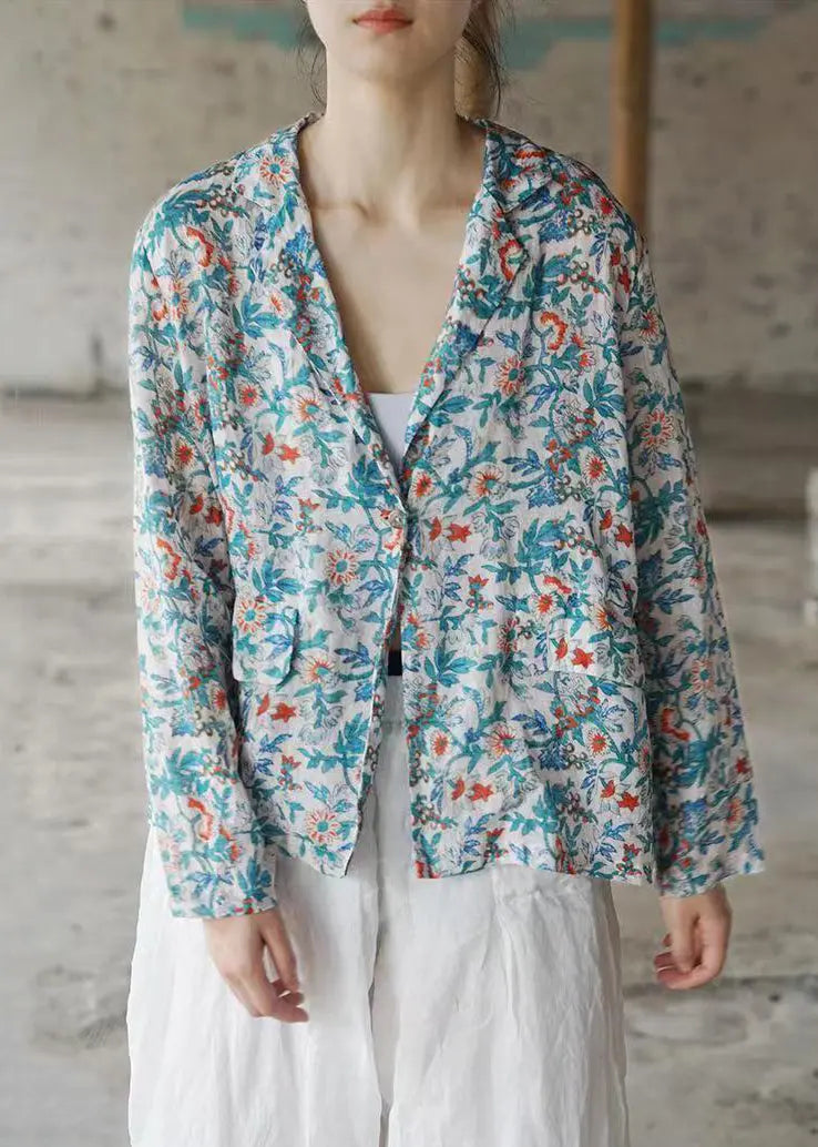 Vintage Blue Button Print Patchwork Cotton Coats Fall Ada Fashion