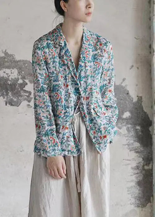 Vintage Blue Button Print Patchwork Cotton Coats Fall Ada Fashion