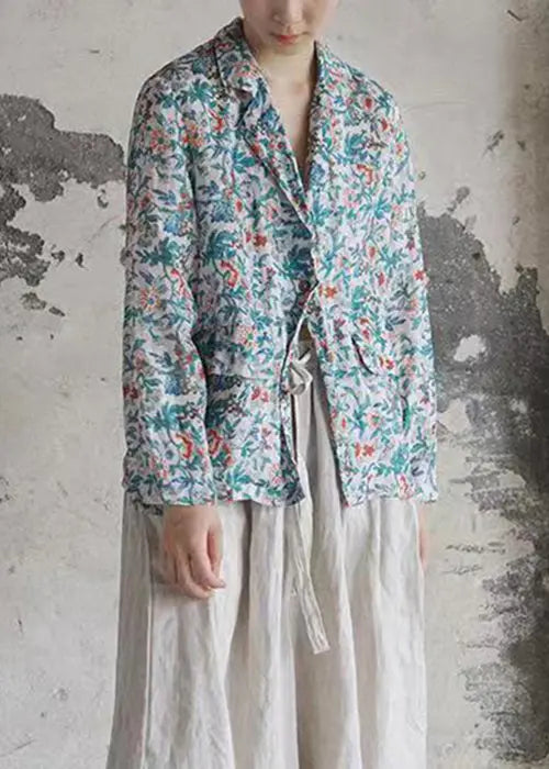 Vintage Blue Button Print Patchwork Cotton Coats Fall Ada Fashion