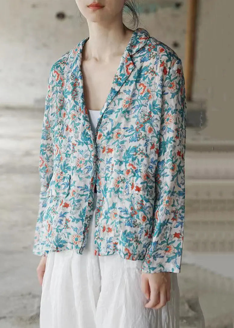 Vintage Blue Button Print Patchwork Cotton Coats Fall Ada Fashion